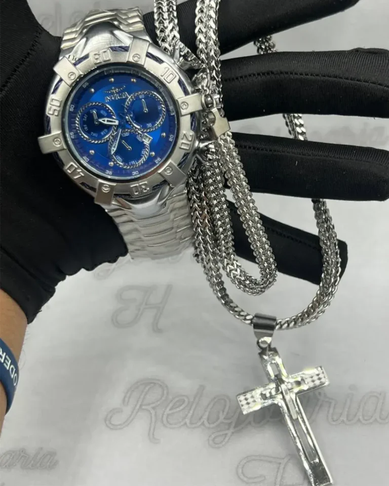 Kit-Linha-Ouro-Banhado-a-Prata-Relogio-Masculino-Invicta-Thunderbolt-A-Prova-dagua-Cordao-Pingente-Prata-com-Azul