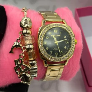Kit Relógio Feminino Luxo Pallyjane Cravejado Dourado fundo Preto A prova d’água + Pulseira Berloques Animais + Caixinha – Dourado e Preto