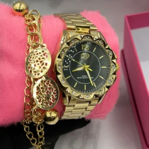 Kit Relógio Feminino Luxo DHP Dourado fundo Preto A prova d’água + Pulseira Moedas + Caixinha – Dourado e Preto