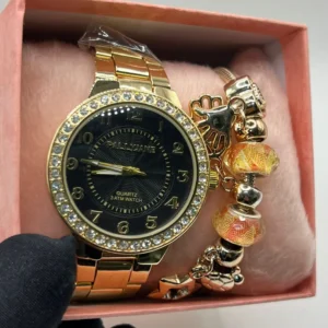Kit Relógio Feminino Luxo Pallyjane Cravejado 100% Funcional – A prova d’água + Pulseira Berloques + Caixinha – Dourado e Preto