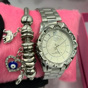 Kit Relógio Feminino Luxo Prata DHP A prova d’água + Pulseira Berloques + Caixinha – Prateado