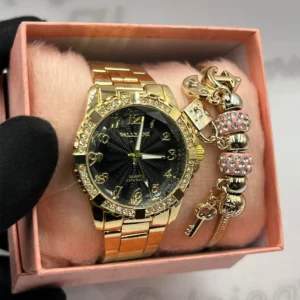 Kit Relógio Feminino Luxo Pallyjane Cravejado Dourado fundo Preto A prova d’água + Pulseira Berloques Esferas Rosas + Caixinha – Dourado e Preto