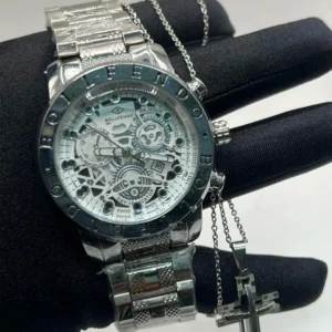 Relógio Masculino Bollfendo Skeleton Prata A prova d’água + Cordão com Pingente Cruz