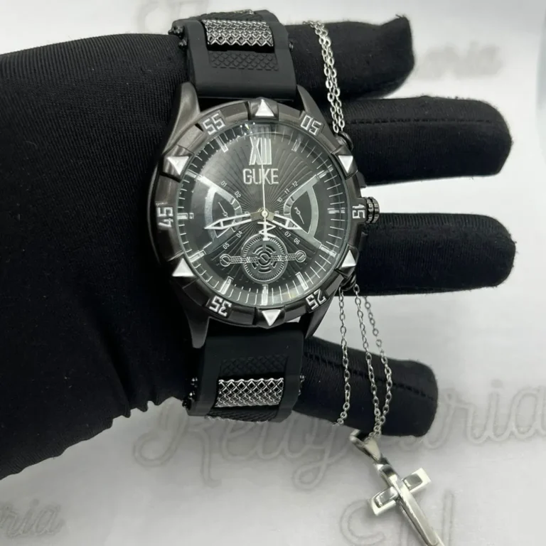 Relogio-Masculino-Guke-Aco-Pulseira-de-Borracha-Preto-A-prova-dagua-Cordao