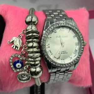 Kit Relógio Feminino Luxo Prata Pallyjane Cravejado A prova d’água + Pulseira Berloques + Caixinha – Prateado