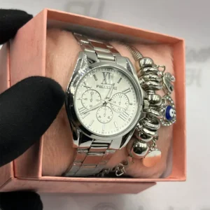 Kit Relógio Feminino Luxo Prata Pallyjane MK A prova d’água + Pulseira Berloques + Caixinha – Prateado