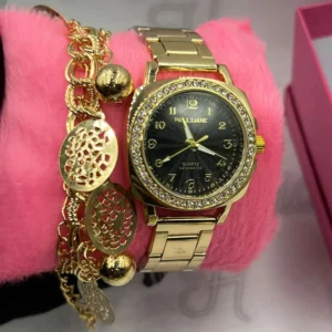 Kit Relógio Feminino Luxo Pallyjane Cravejado Dourado fundo Preto A prova d’água + Pulseira Moedas + Caixinha – Dourado e Preto