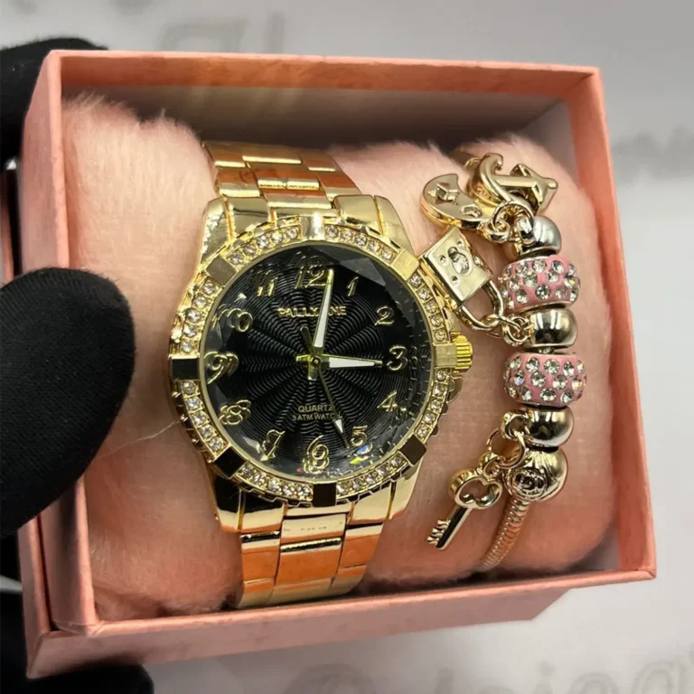 Kit-Relogio-Feminino-Luxo-Pallyjane-Cravejado-Dourado-fundo-Preto-A-prova-dagua-Pulseira-Berloques-Esferas-Rosas-Caixinha-Dourado-e-Preto