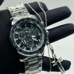 Relógio Masculino Bollfendo Skeleton Prata A prova d’água + Cordão com Pingente Cruz