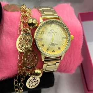 Kit Relógio Feminino Luxo Dourado Bollfendo Cravejado A prova d’água + Pulseira Medalhas + Caixinha – Dourado
