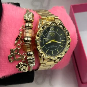 Kit Relógio Feminino Luxo DHP Dourado fundo Preto A prova d’água + Pulseira Berloques Animais + Caixinha – Dourado e Preto