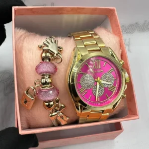 Kit Relógio Feminino Luxo Pallyjane MK Dourado fundo Rosa Pink A prova d’água + Pulseira Berloques Esferas + Caixinha – Dourado com Rosa Pink