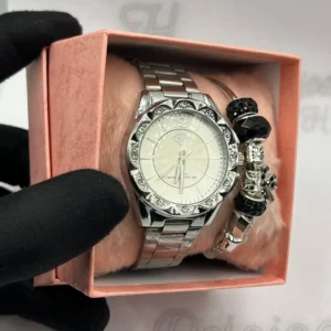 Kit Relógio Feminino Luxo Prata DHP A prova d’água + Pulseira Berloques Eferas Pretas + Caixinha – Prateado