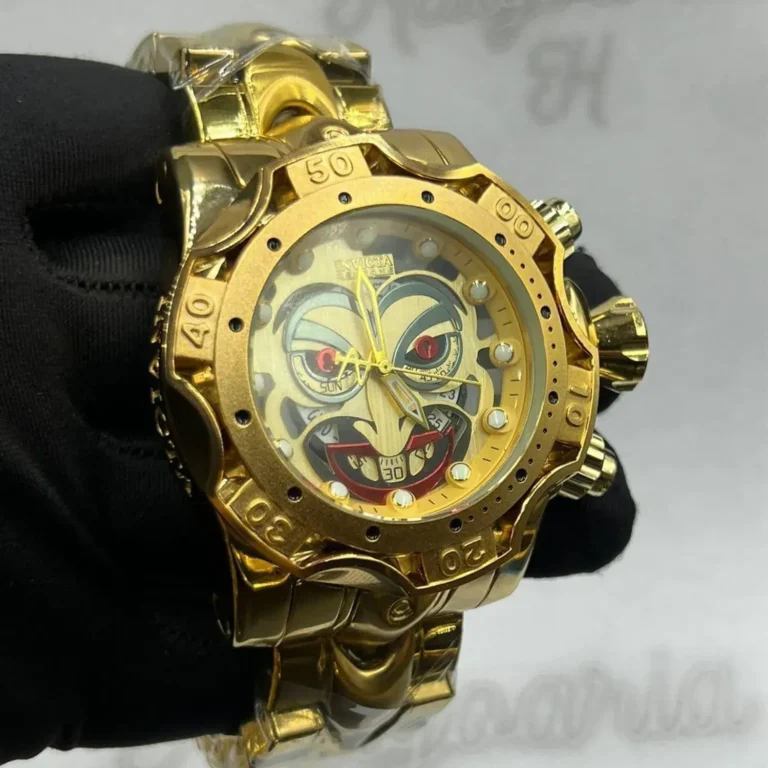 Kit-Linha-Ouro-Banhado-18k-Relogio-Masculino-Invicta-Joker-A-Prova-dagua-Cordao-Pingente-Pulseira-Dourado-e-Preto