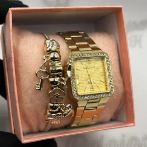 Kit Relógio Feminino Luxo Dourado Pallyjane Cravejado Quadrado A prova d’água + Pulseira Berloques Jardim Secreto + Caixinha – Dourado