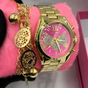 Kit Relógio Feminino Luxo Pallyjane MK Dourado fundo Rosa Pink A prova d’água + Pulseira Moedas + Caixinha – Dourado com Rosa Pink