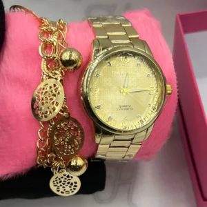 Kit Relógio Feminino Luxo Dourado Pallyjane Cravejado A prova d’água + Pulseira Medalhas + Caixinha – Dourado