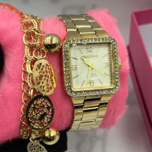 Kit Relógio Feminino Luxo – Pallyjane Cravejado Quadrado A prova d’água + Pulseira Medalhas + Caixinha – Dourado