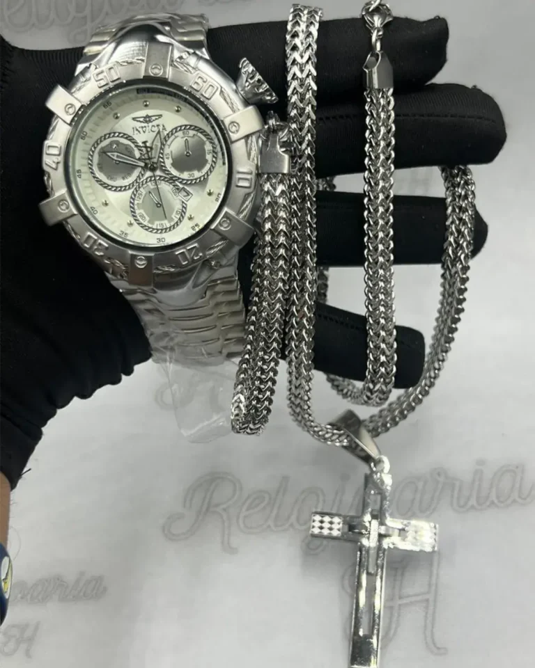 Kit-Linha-Ouro-Banhado-a-Prata-Relogio-Masculino-Invicta-Thunderbolt-A-Prova-dagua-Cordao-Pingente-Prata-com-Azul