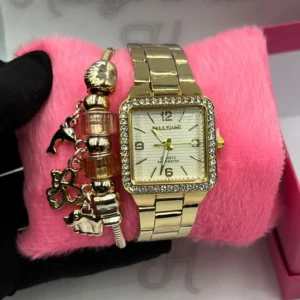 Kit Relógio Feminino Luxo Dourado fundo Branco Pallyjane Cravejado Quadrado A prova d’água + Pulseira Berloques Animais + Caixinha – Dourado com Branco