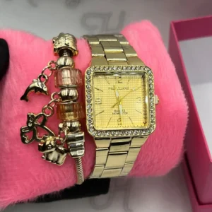 Kit Relógio Feminino Luxo Dourado Pallyjane Cravejado Quadrado A prova d’água + Pulseira Berloques Animais + Caixinha – Dourado