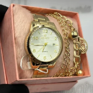 Kit Relógio Feminino Luxo Dourado fundo Branco A prova d’água + Pulseira Moedas + Caixinha – Dourado com Branco