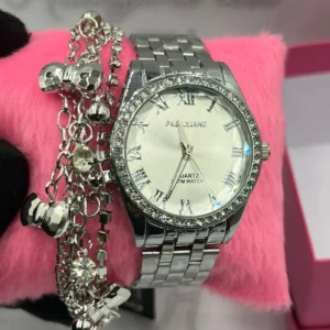 Kit Relógio Feminino Luxo Prata Pallyjane A prova d’água + Pulseira Berloques Laços + Caixinha – Prateado