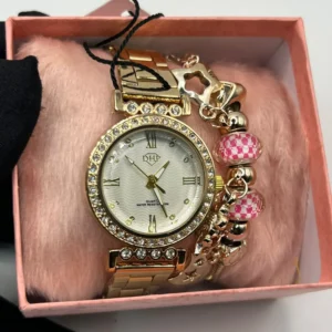 Kit Relógio Feminino Luxo DHP Cravejado Original – A prova d’água + Pulseira Berloques + Caixinha