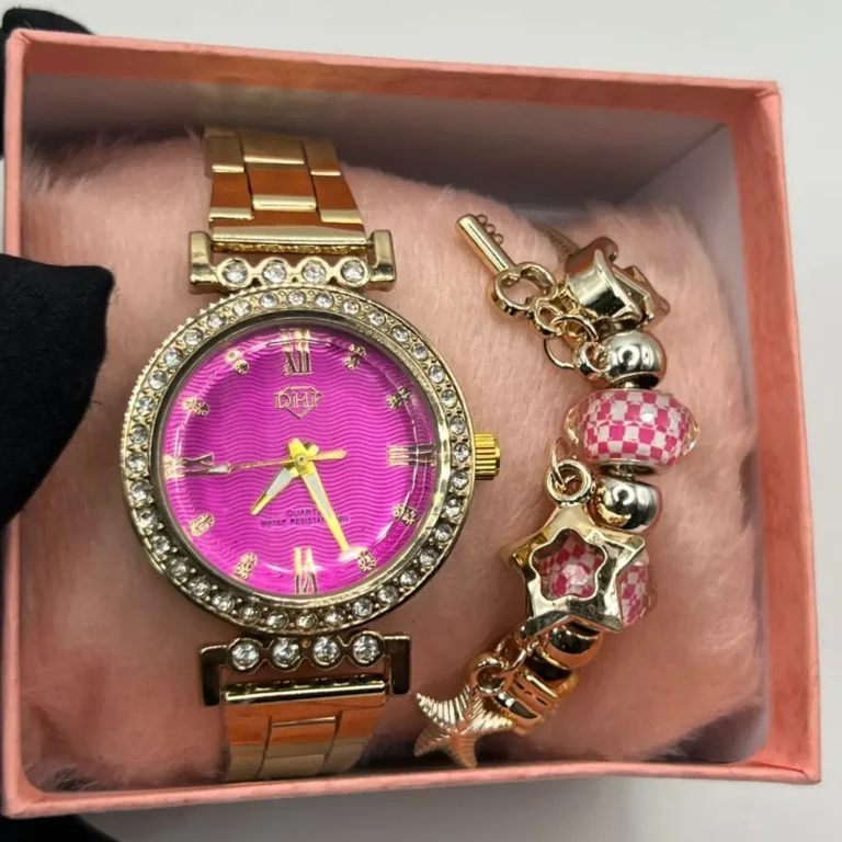 Kit-Relogio-Feminino-Luxo-DHP-Cravejado-Original-100-Funcional-A-prova-dagua-Pulseira-Berloques-Caixinha-Dourado-com-Rosa-Pink