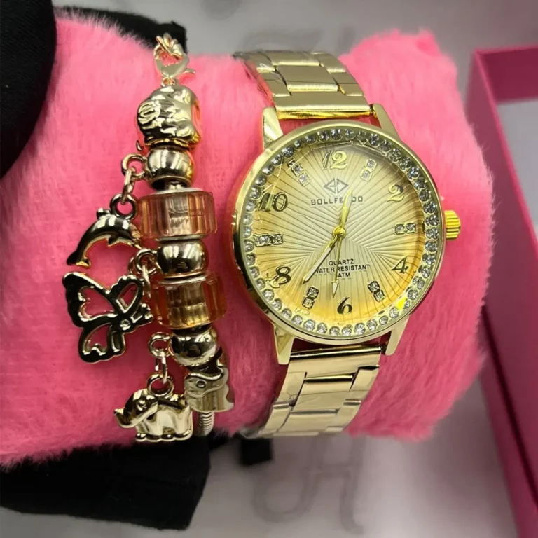 Kit-Relogio-Feminino-Luxo-Dourado-Bollfendo-Cravejado-A-prova-dagua-Pulseira-Berloques-Animais-Caixinha-Dourado