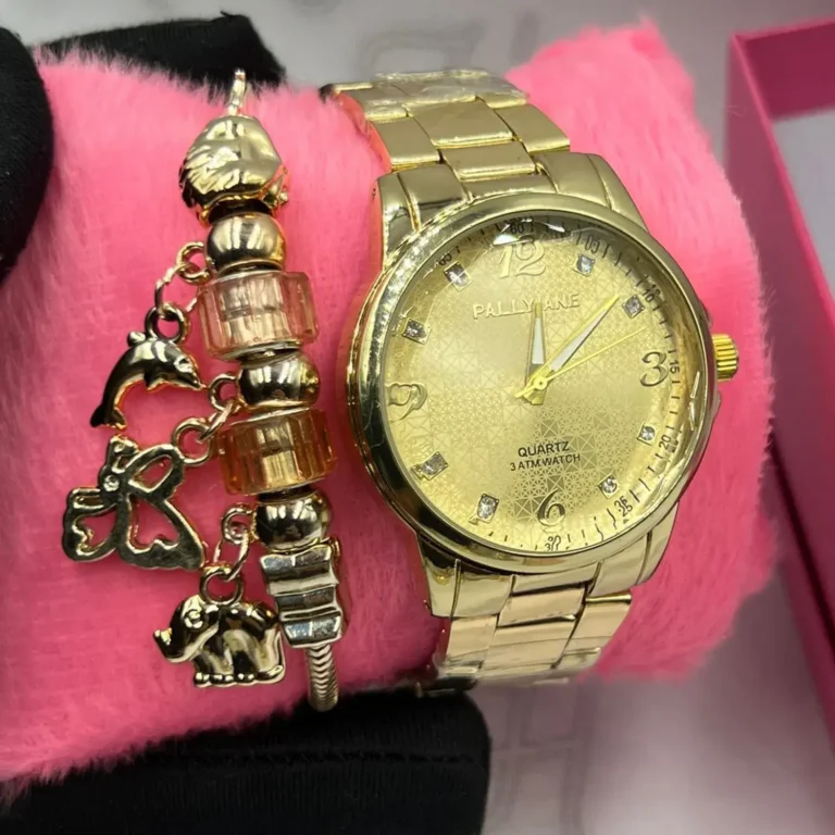 Kit-Relogio-Feminino-Luxo-Dourado-Pallyjane-A-prova-dagua-Pulseira-Berloques-Animais-Caixinha-Dourado