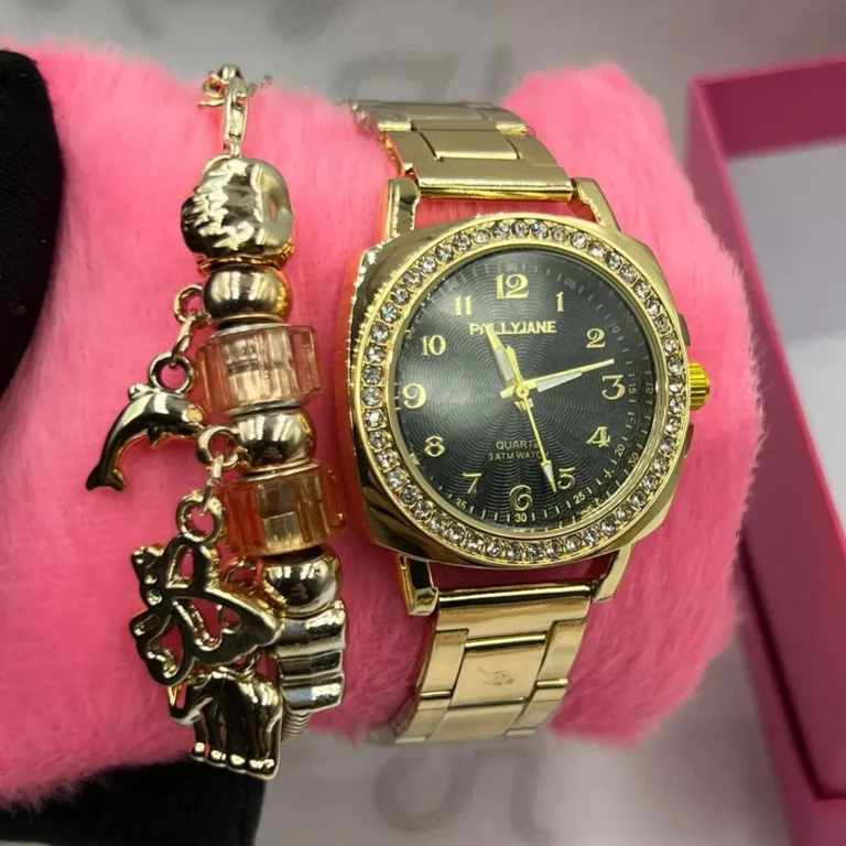 Kit-Relogio-Feminino-Luxo-Pallyjane-Cravejado-Dourado-fundo-Preto-A-prova-dagua-Pulseira-Berloques-Animais-Caixinha-Dourado-e-Preto