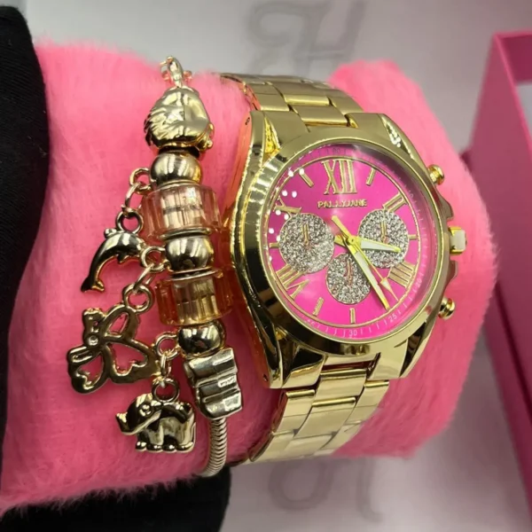 Kit Relógio Feminino Luxo Pallyjane MK Dourado fundo Rosa Pink A prova d'água + Pulseira Berloques Animais + Caixinha - Dourado com Rosa Pink