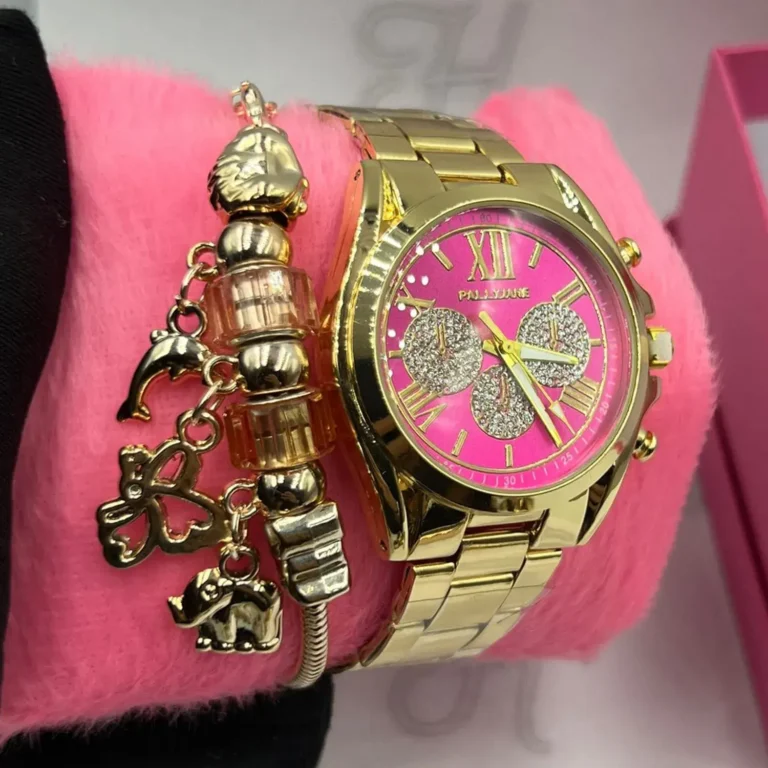 Kit-Relogio-Feminino-Luxo-Pallyjane-MK-Dourado-fundo-Rosa-Pink-A-prova-dagua-Pulseira-Berloques-Animais-Caixinha-Dourado-com-Rosa-Pink
