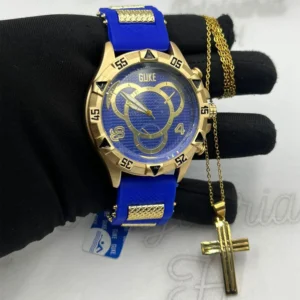 Relógio Masculino Guke Aço Pulseira de Borracha Dourado com Azul A prova d’água + Cordão
