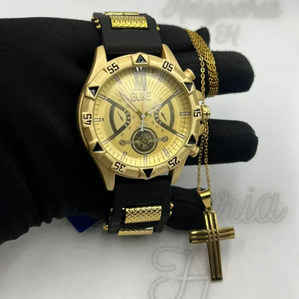 Relógio Masculino Guke Aço Pulseira de Borracha - A prova d'água + Cordão - Imagem 2