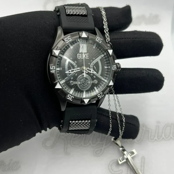 Relógio Masculino Guke Aço Pulseira de Borracha - A prova d'água + Cordão